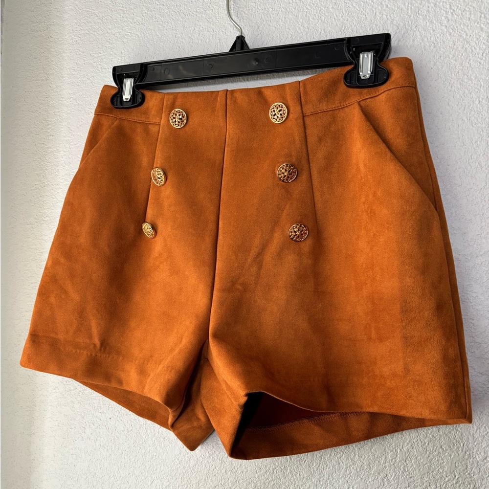 Burnt Orange High Waisted Suede Shorts Ft. Decorative Gold Buttons & Pockets